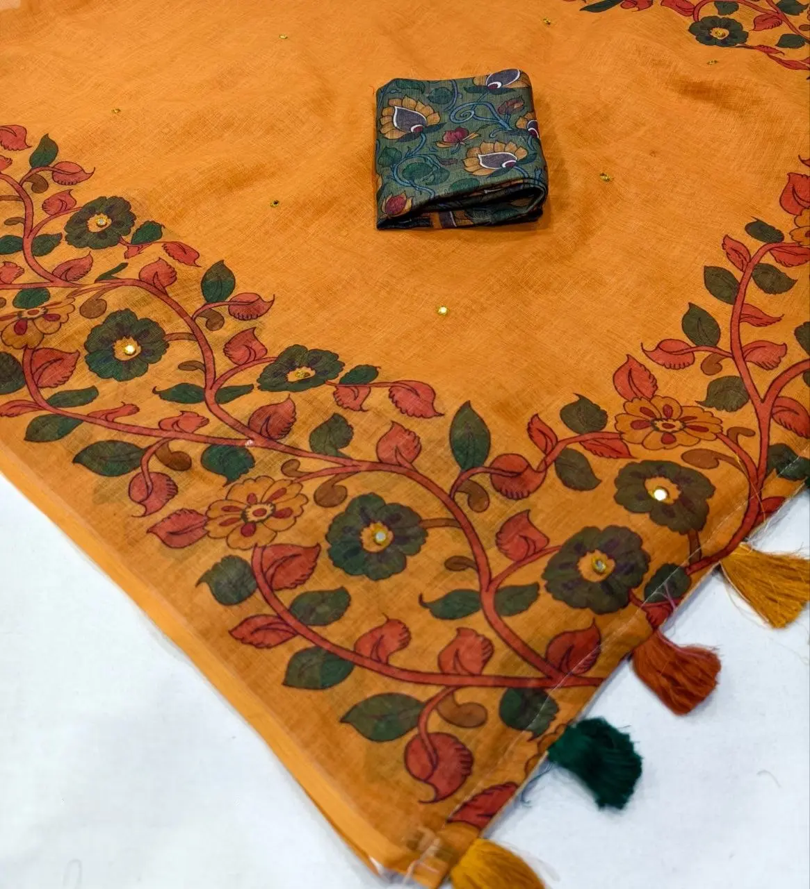 Mustard Linen Kalamkari Style Printed Saree